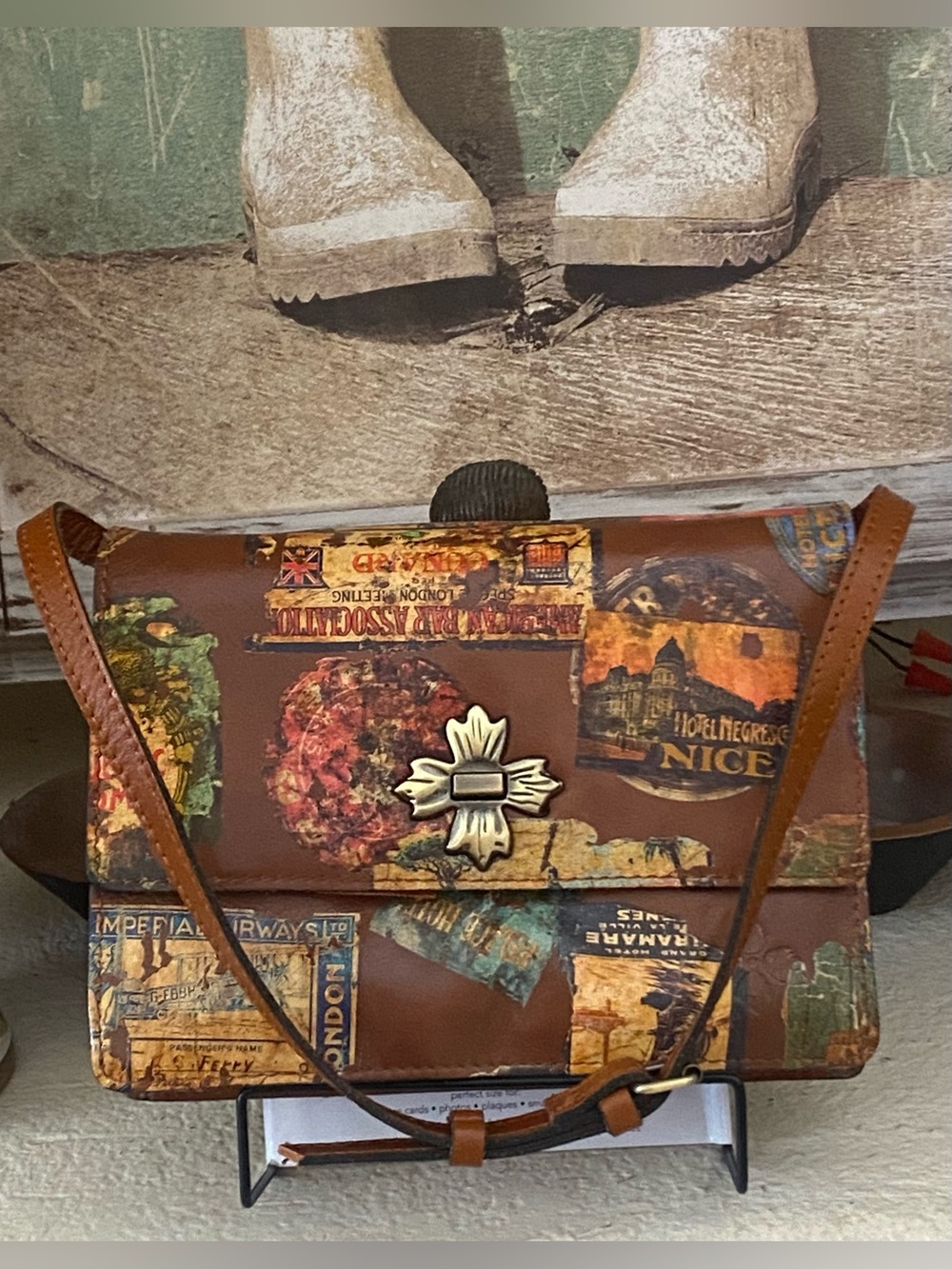 Patricia Nash Multi Travel-Print Leather Shoulder Convertible Clutch bag